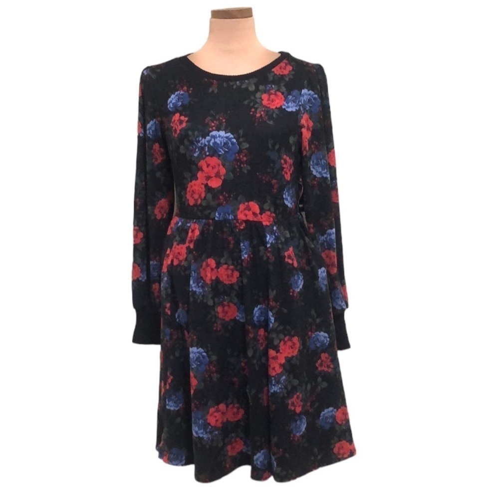 NWT Torrid Super Soft Plush Dress 00 M L Dark Gray Floral Puff Sleeve Skater